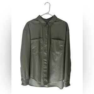 American Eagle Outfitters Olive Green Faux Leather Button-Front Shirt